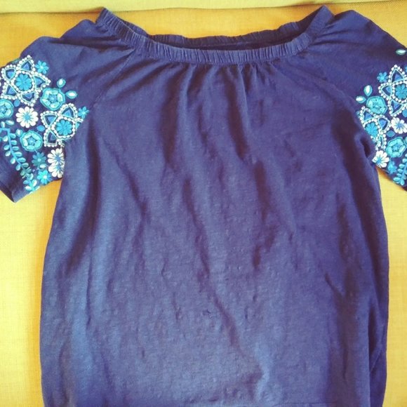 Talbots Navy Embroidered Boho Peasant Shirt Sz MP - Picture 2 of 7